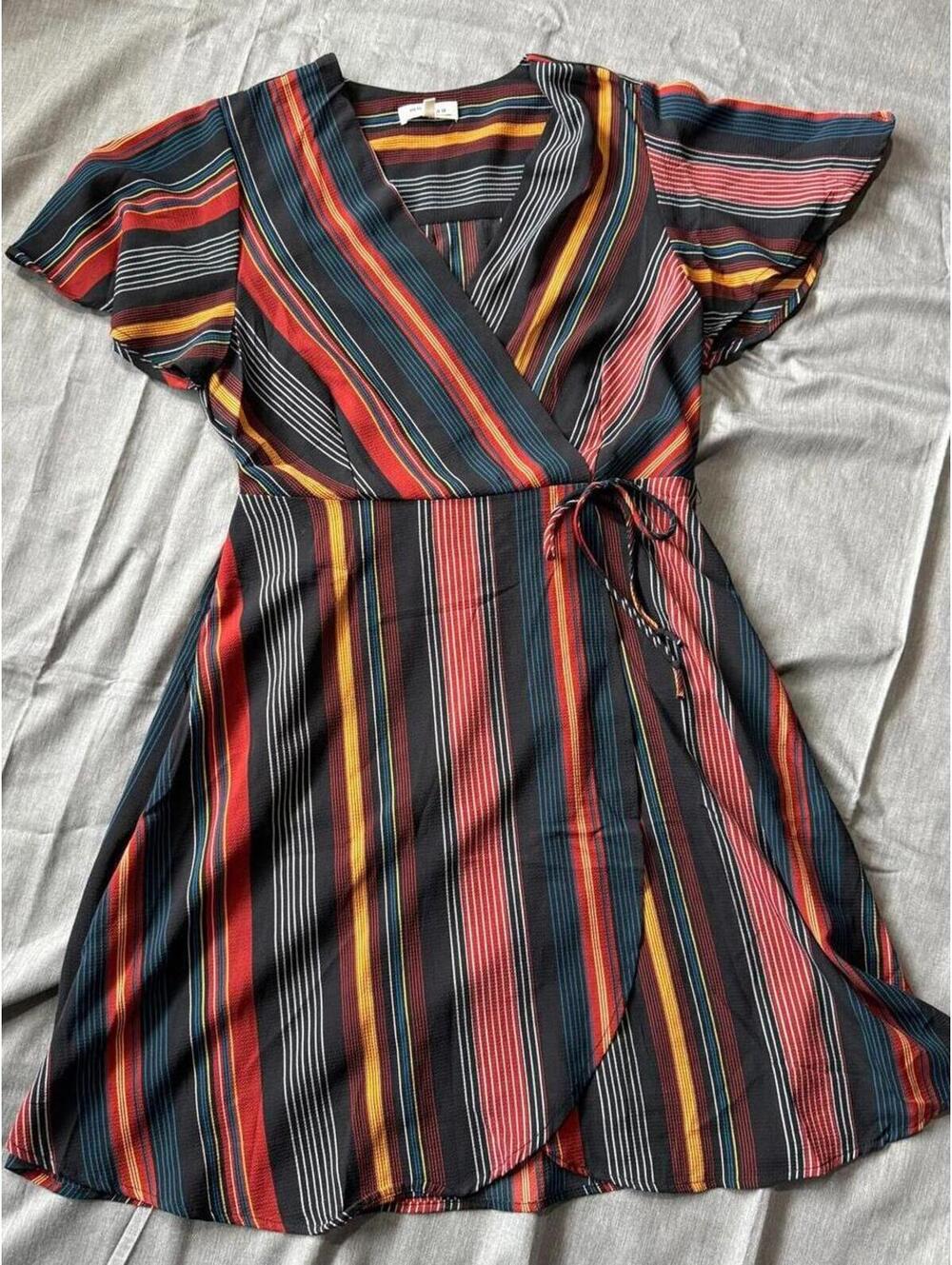 Monteau Los Angeles Multicolored Striped Faux Wrap Dress Size Large Light